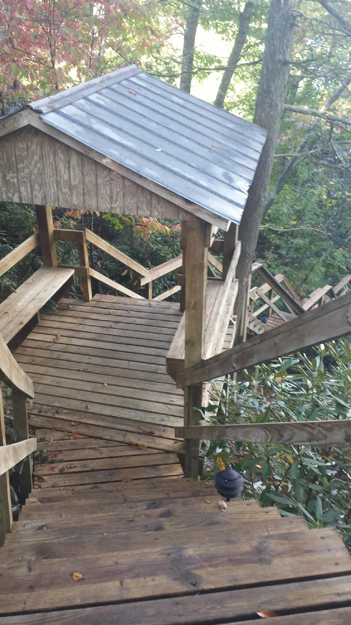 Metal roofed shelter over wooden steps on a wooded walkway — Skylight Repair & Installation work by our crew in Harwood